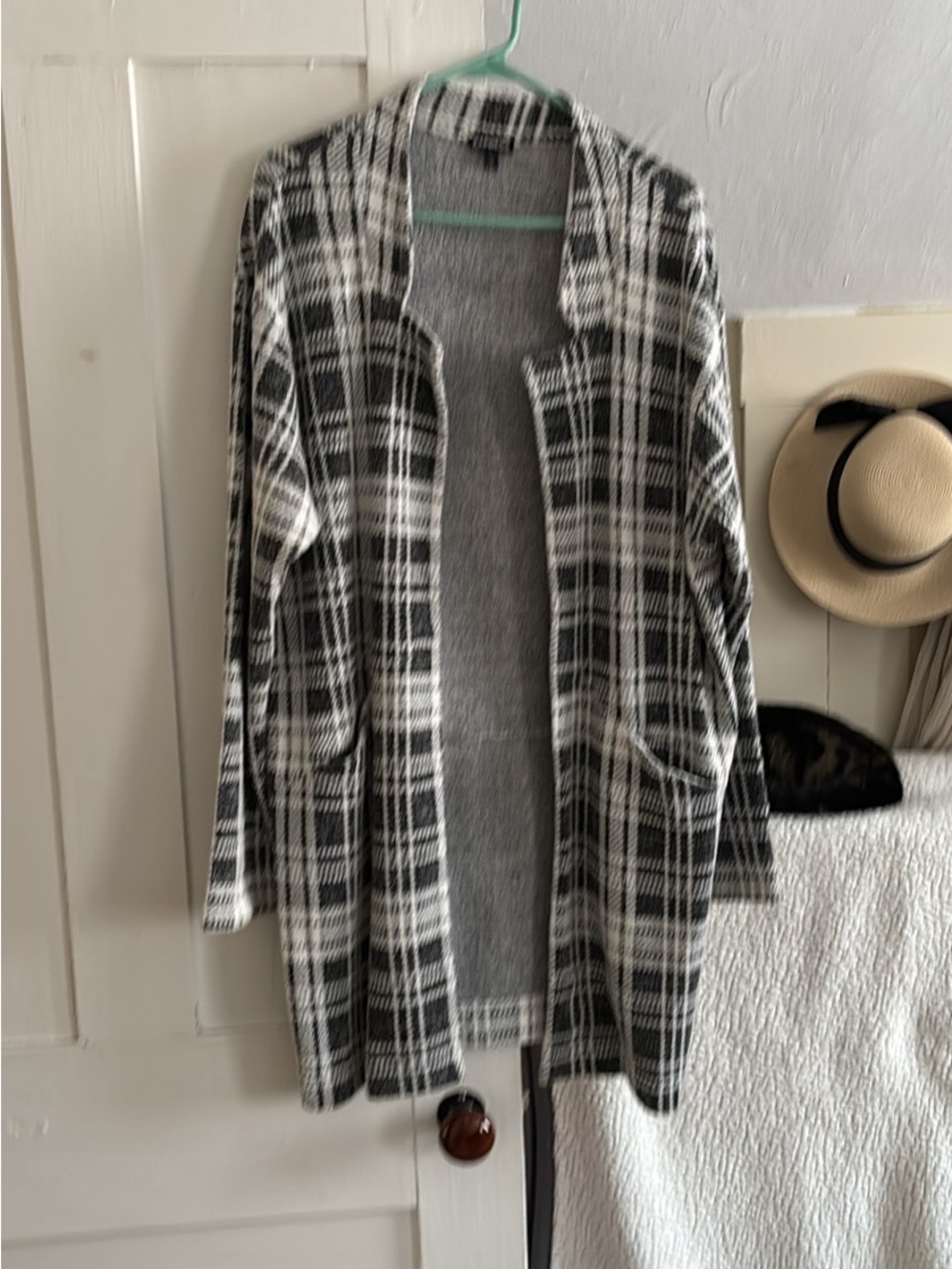 Express Black & White Plaid Open-Front Cardigan